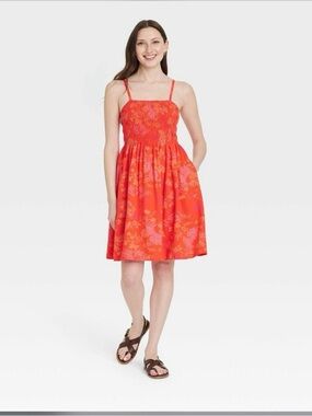 Universal Thread Coral Floral Smocked Mini Dress